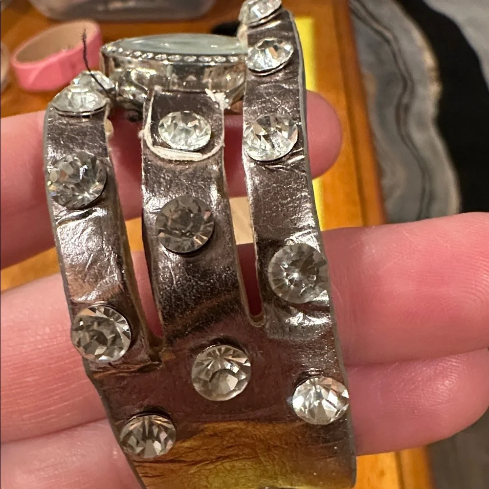 Silver Quartz Watch with Crystal Accents and MOP face. Snap closure